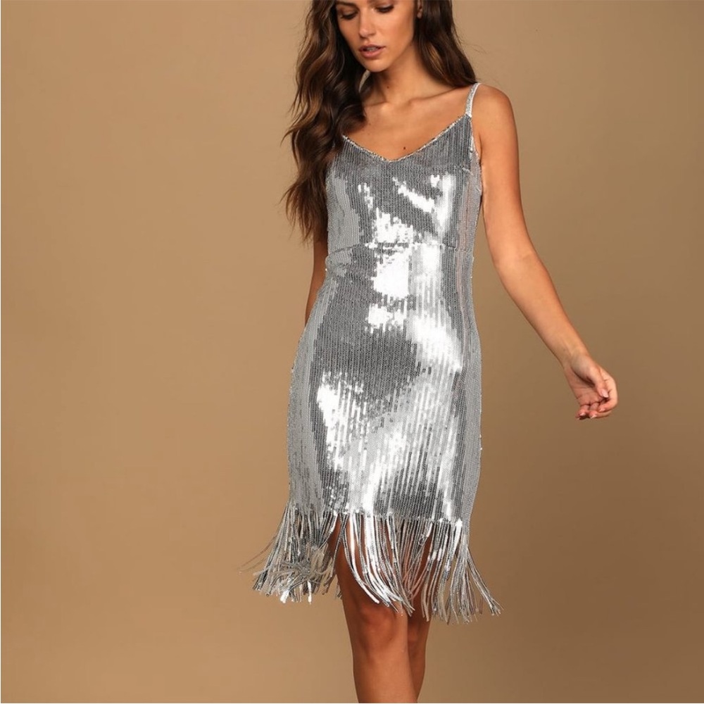 Lulus Glitter in the Air Silver Fringe Dress